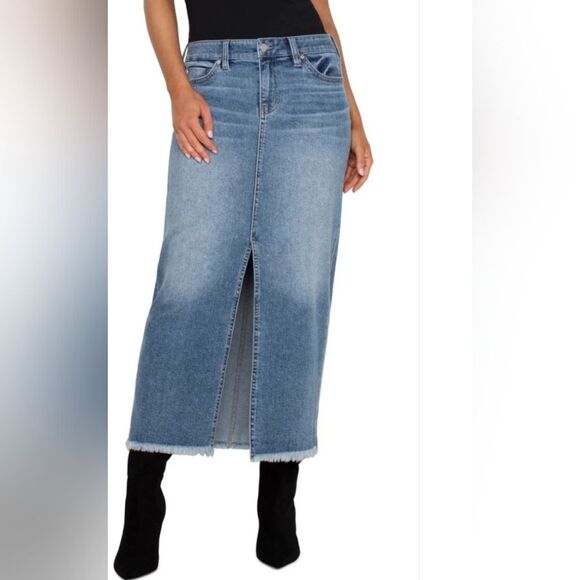 Liverpool Front Slit Denim Jean Skirt Maxi Long Size 12 Fray Hem V Split - Picture 1 of 6
